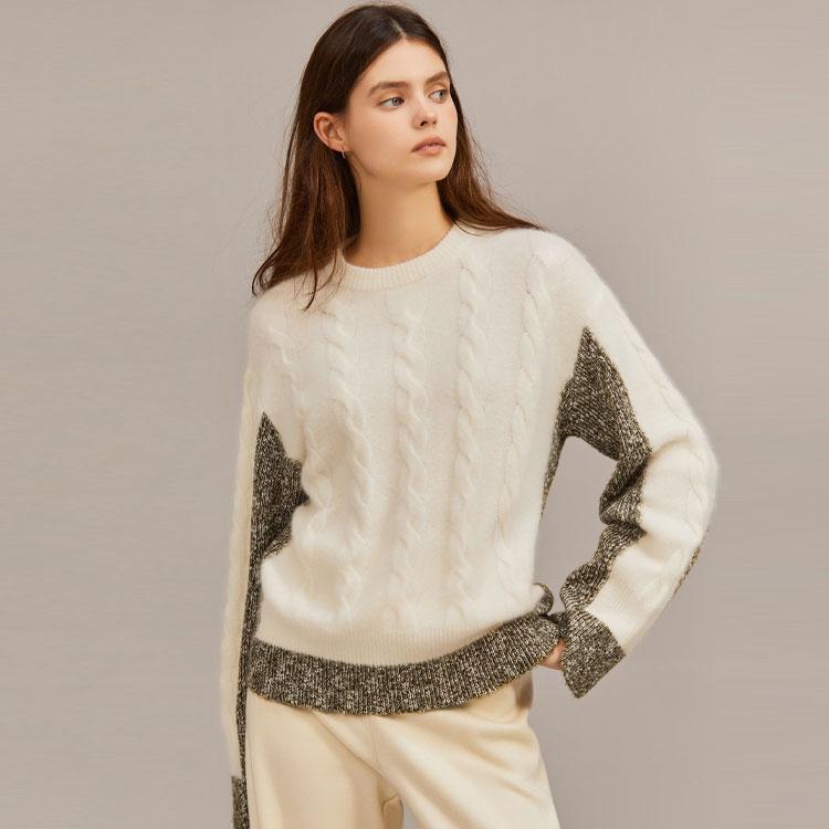 Elle Color Block Textured Knit Round Neck Long Sleeve Sweater Women sweater EM36637