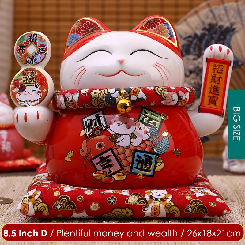 6.5/8.5 Inch Ceramic Beckoning Cat Maneki Neko Ornament Swing Lucky Fortune Cat Feng Shui Decoration Centerpiece Business Gift