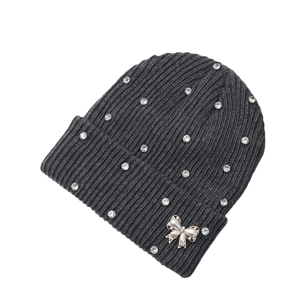 Solid Color Crystal Pearl Bow Beanie Warm Pullover Hat Fashion Knit Hat Outdoor