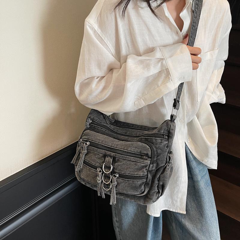 Women Crossbody Bag Vintage Shoulder Bag Multi-Layer Pocket Denim Bag
