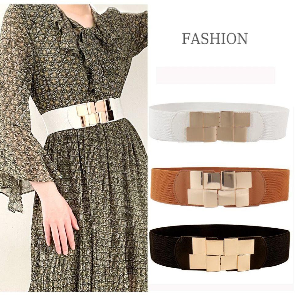 New Women Elastic Waist Closure Wide Belt Gold Square Buckle Dress Decorative Belt Female Self - Cultivation Elastic Band Girdle