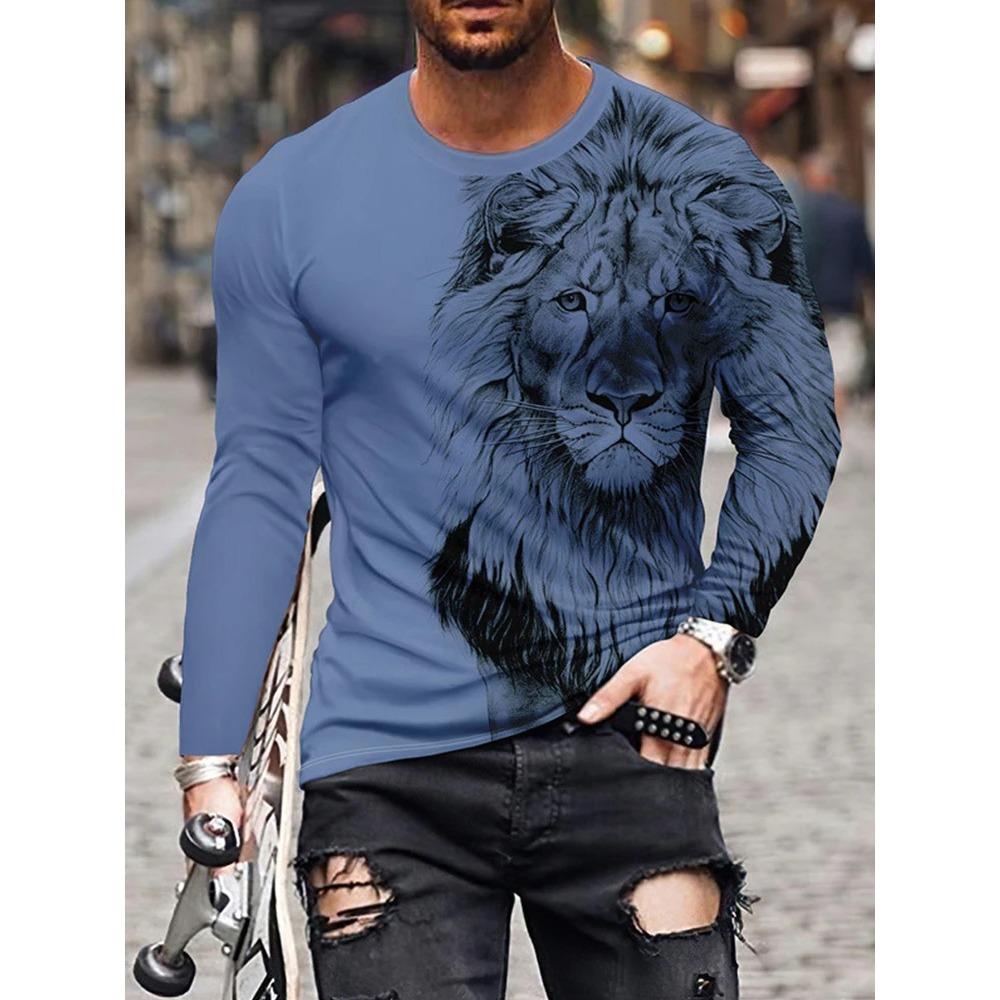 Spring and Autumn Round Neck 3D Animal Wolf Lion Pattern Printed Top Fashionable Casual Long Sleeved Men's T-shirts