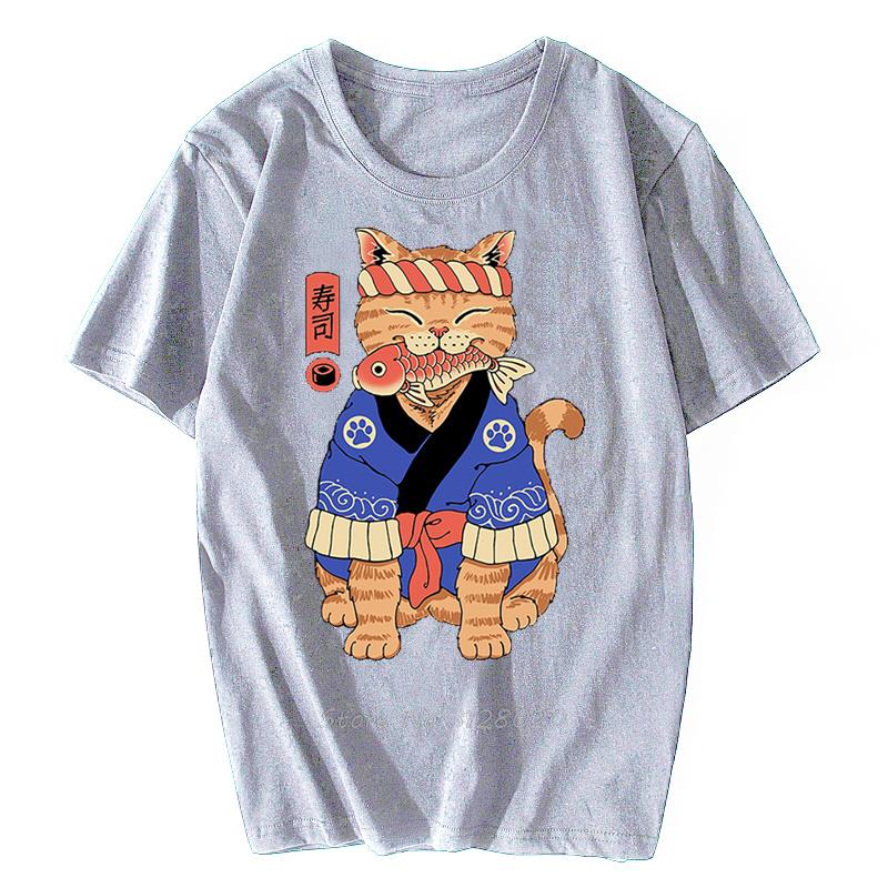 Anime Samurai Cat T Shirt Men Japanese Ukiyo-E Ninja Cat Print T-Shirt Mens Casual Tshirt Male Fashion Streetwear Harajuku Tees