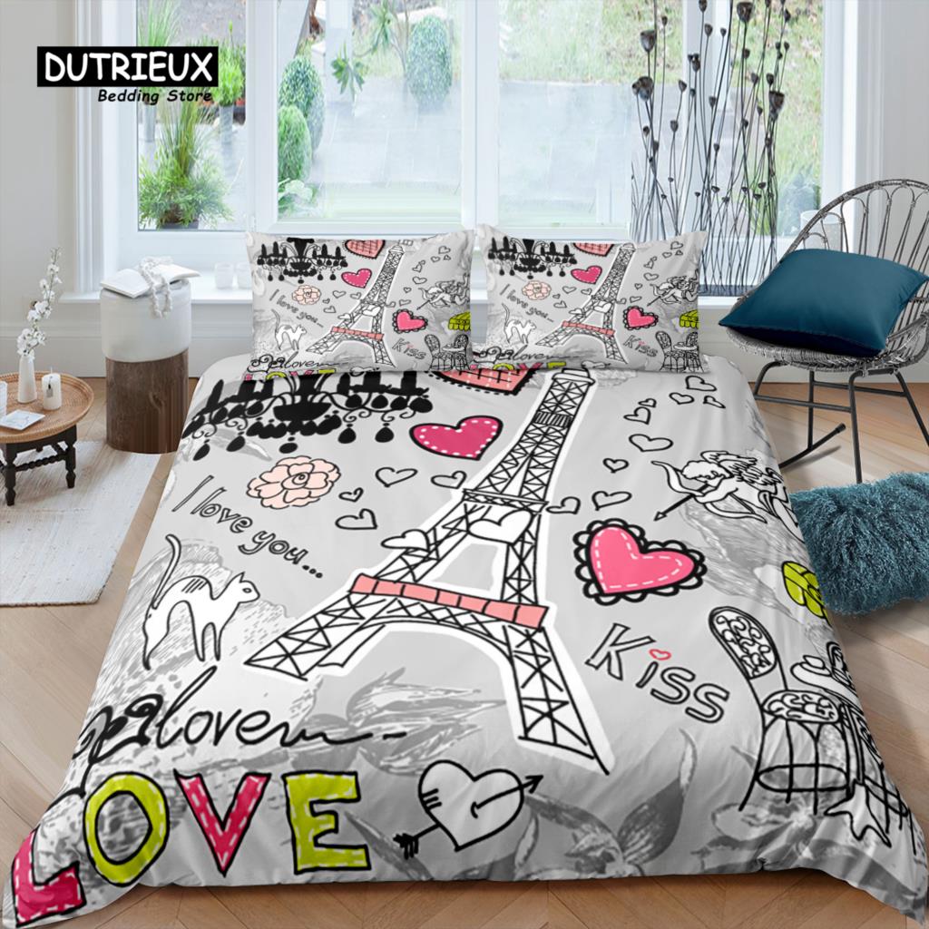 Luksusowy 3D Różowy Paryski Zestaw Pościeli do Domu Dziewczęcy Zestaw Poszwy na Kołdrę Poszewka Dziecięcy Zestaw Pościeli Queen i King Rozmiar EU/US/AU/UK
