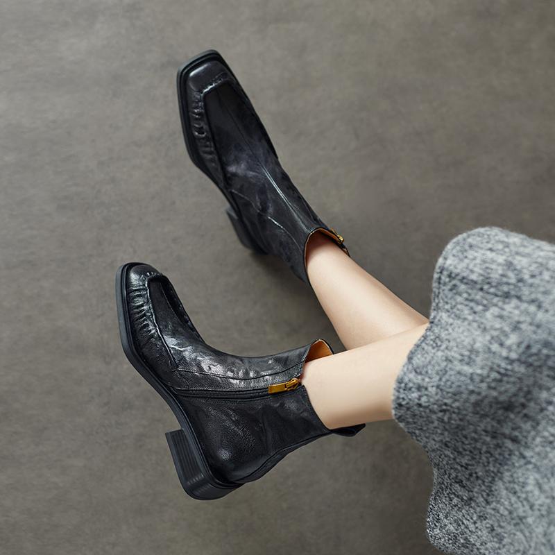 Fashion 2024 Autumn Women Boots Square Toe Chunky Heels Women Shoes Winter Ankle Boots Chelsea Genuine Leather Pleated Modern Boots