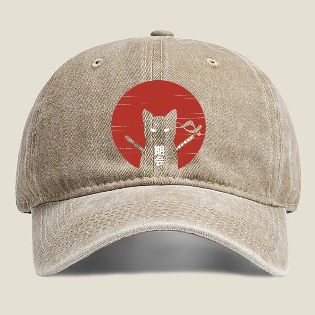 Samurai Cat Meeting Fashion Washed Baseball Cap Outdoor For Womens Unisex FeUnisex Beach Dad Hat Hip Hop