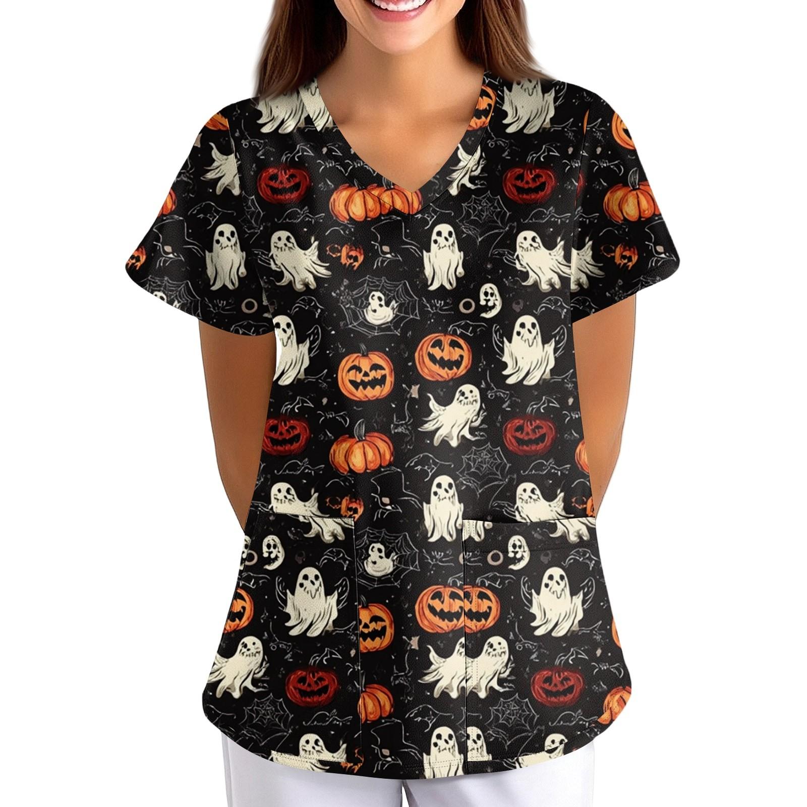 

Женская Хэллоуинская Принтованная Свободная V-образная Горловина Карман Короткий Рукав Форма Форма S