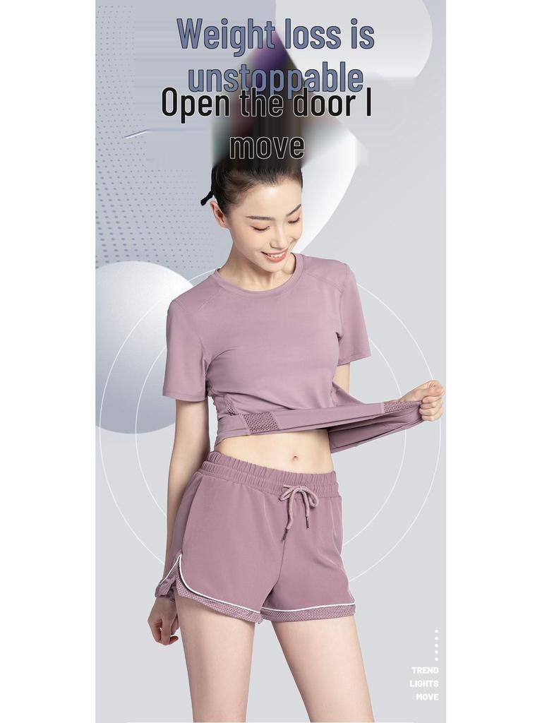 Women's Summer Yoga Outfit: Quick-Drying Short-Sleeve Top, Stretchy Mesh, Fashionable and Lightweight Fitness Wear for Morning Runs.