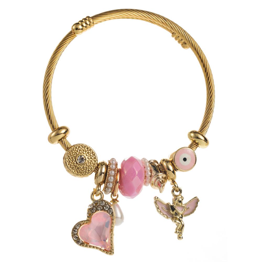 Panjia Dora Stainless Steel Love Heart Angel Bangle for Women - DIY Handmade Beaded Alloy Accessories