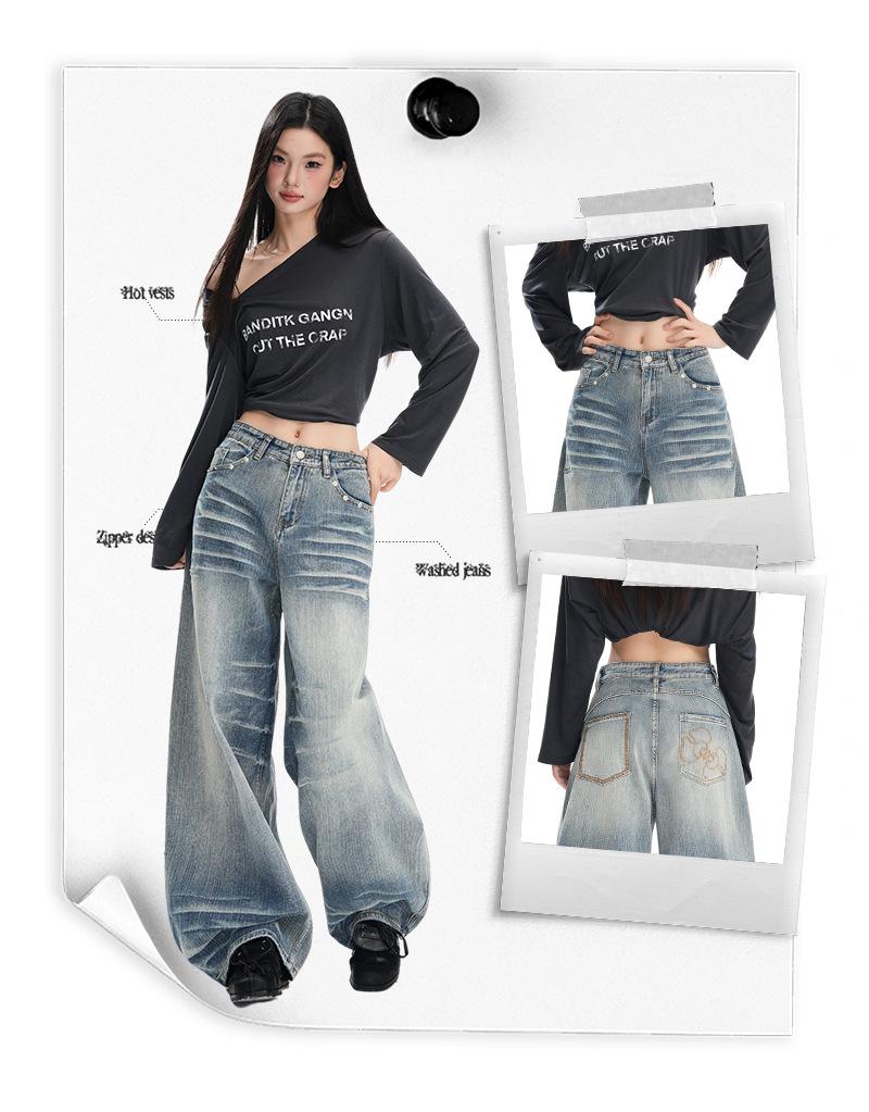 Women's Retro Blue Wide-Leg Jeans: Low-Rise, Loose, Straight, Floor-Length, Slimming Design for Autumn 2025