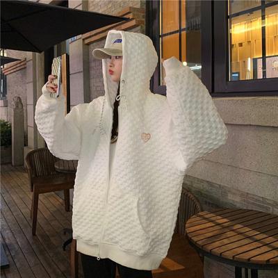 Waffle Hooded Jacket for Women Autumn New Design Sweatshirt Lazy College Style Top Zipper Cardigan