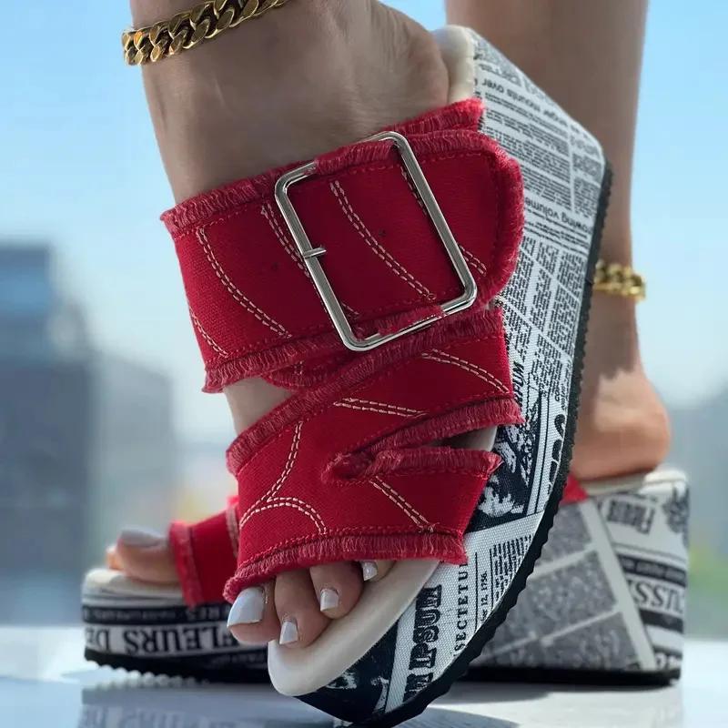 Women Denim Platform Slippers High Heels Shoes Summer Outdoor Wedge Sandals Women Casual Slippers Big Size Slides Women