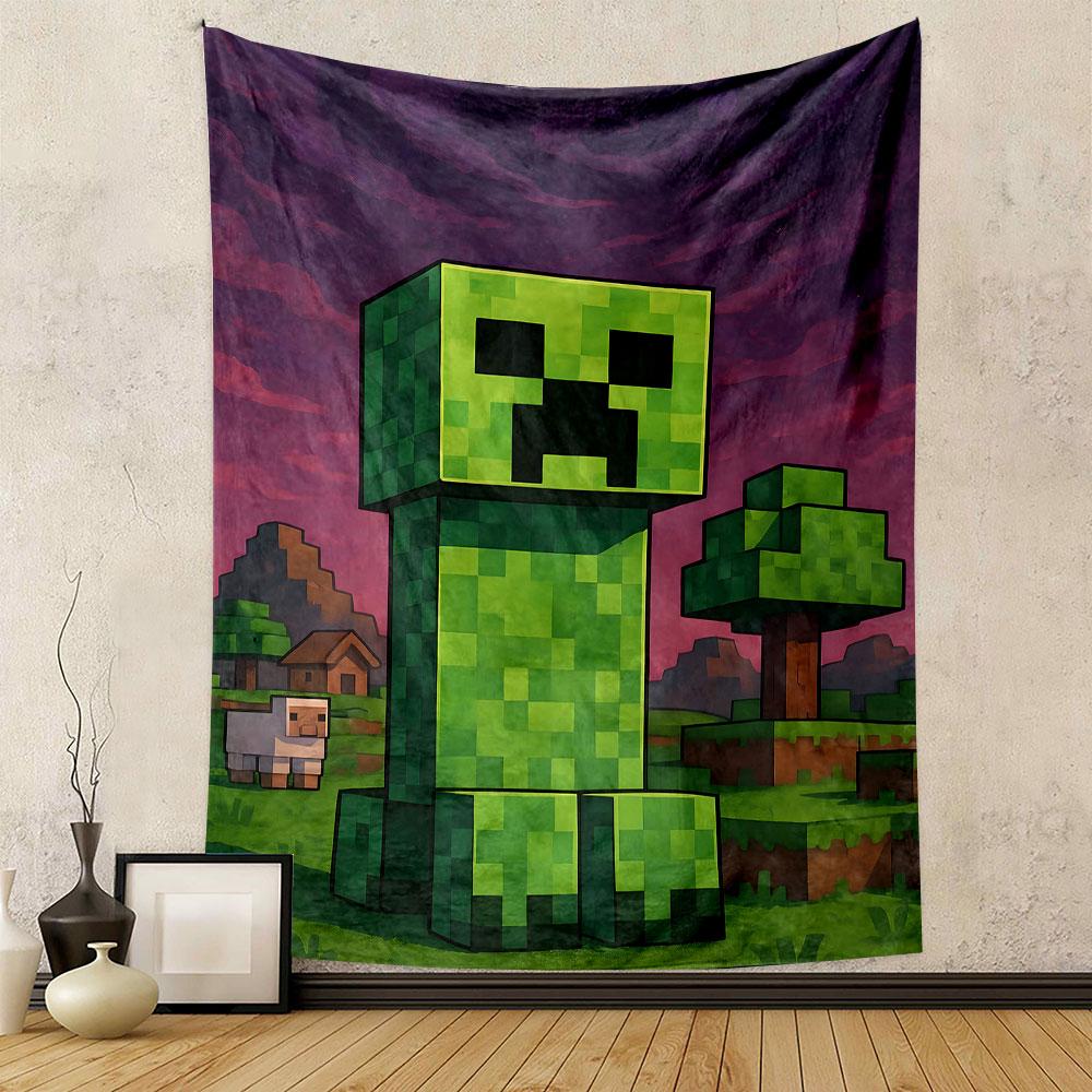 Pixelated Creeper in Minecraft World Patterned Tapestry Decorative Wall Hanging, Home Bedroom Living Room Decor