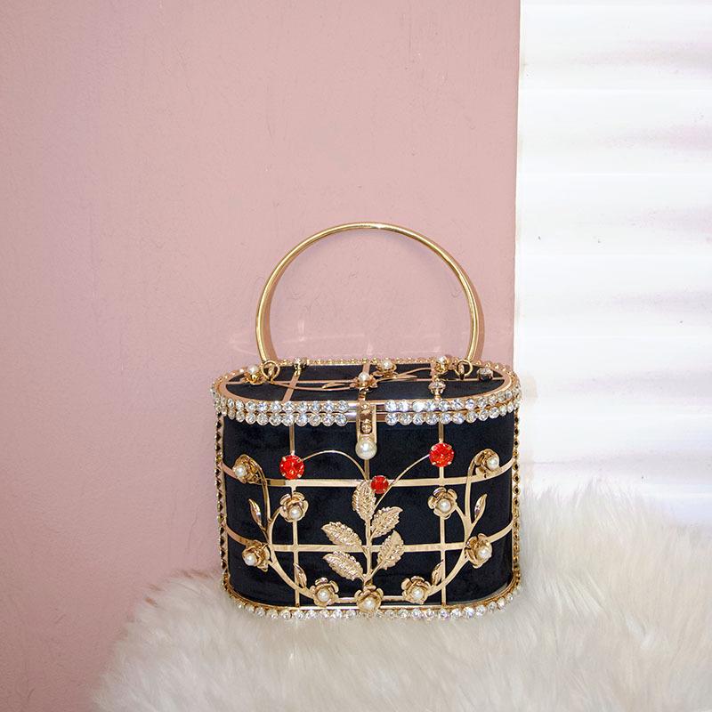 

Metal Birdcage Hollow Vegetable Basket Bag Shiny Not Efficient Rhinestone Flowers Premium Portable Dinner Bag чёрный