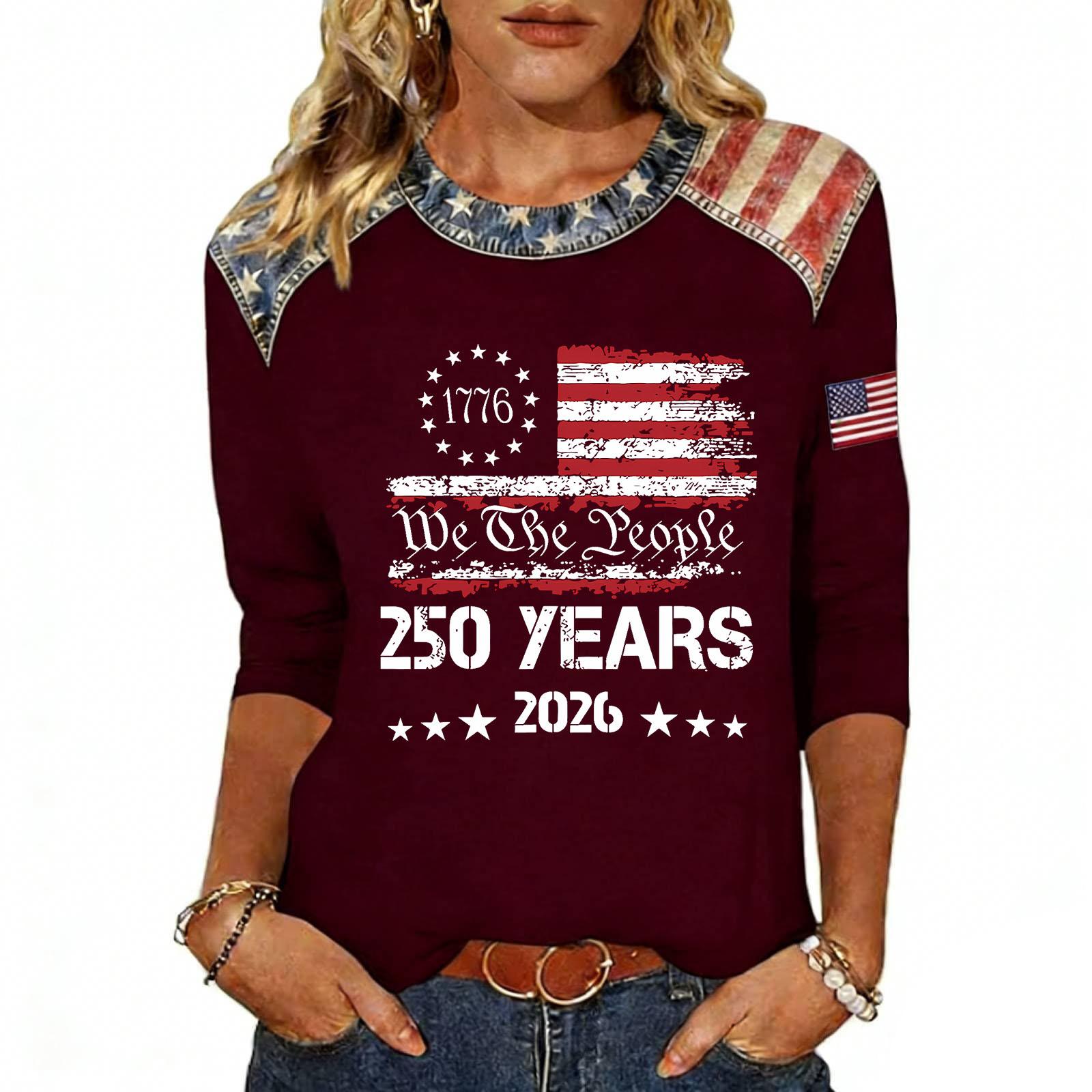 Women s Fashion Casual Independence Day Print Top S винный