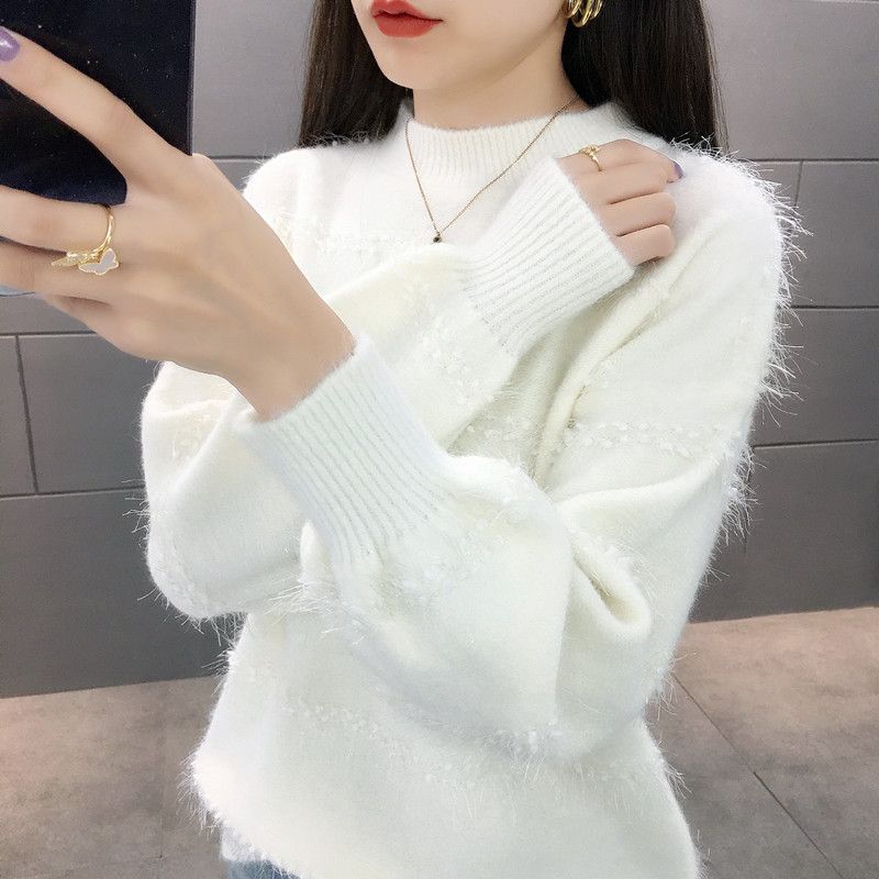 Sweater Women's Round Neck Pullover Knitted Base Sweater Loose Lazy Style Lantern Sleeve Top