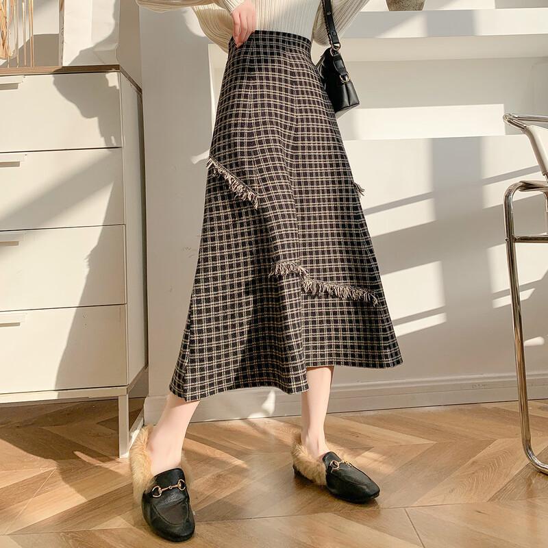 

Elegant Plaid Tassel A-Line Midi Skirt One Size