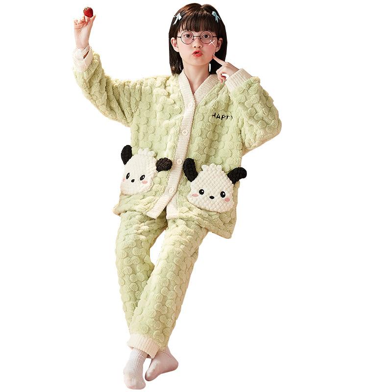 Kids Flannel Pajamas Set Boys Girls Warm Long Sleeve Top And Pants Sleepwear Winter Home Nightwear