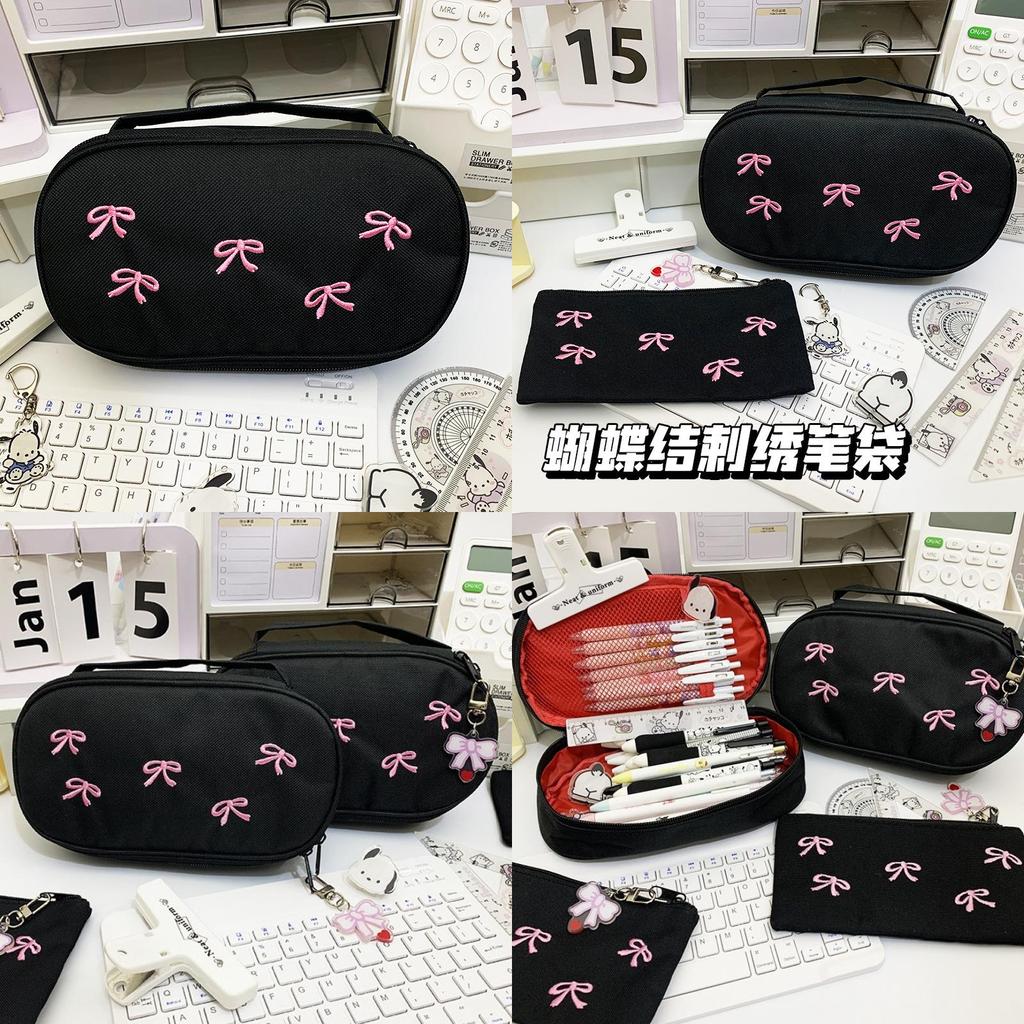 Sweet Butterfly Bow Embroidered Canvas Organizer For Stationery And Cosmetics