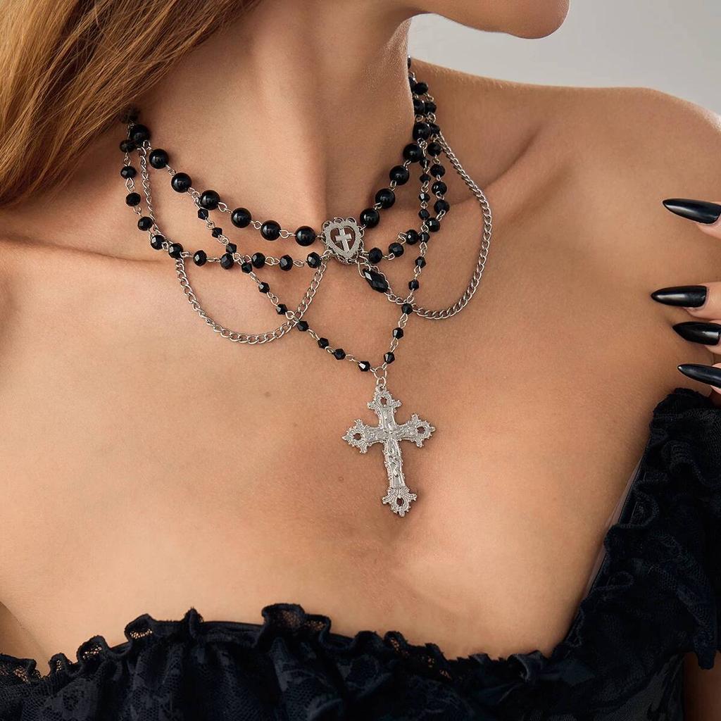 Ingemark Elegant Multilayer Crystal Tassel Choker Necklace for Women Goth Cross Jesus Love Heart Pendant Halloween Jewelry Gift