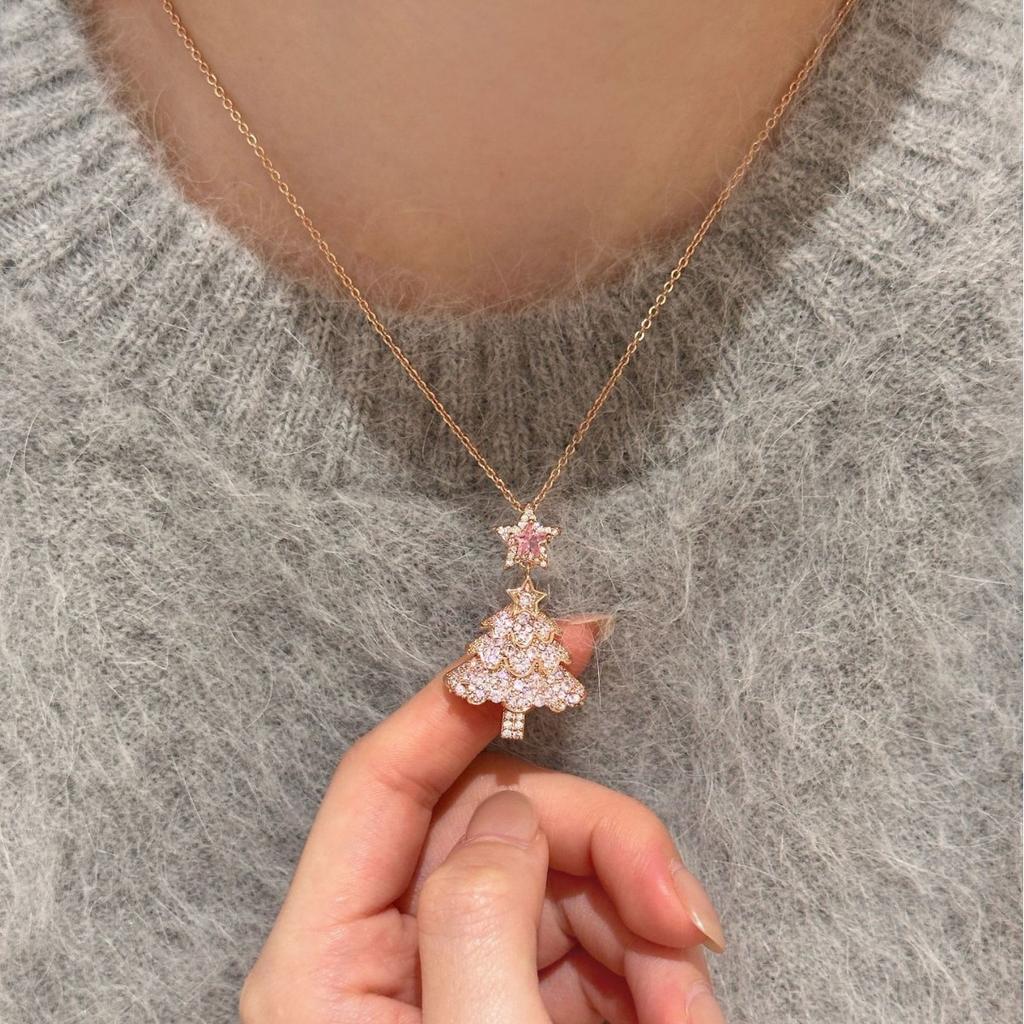 Women's Christmas Tree Pink Crystal Zircon Star Pendant Earrings Bright Snowflake Glitter Pink Jewelry Gift