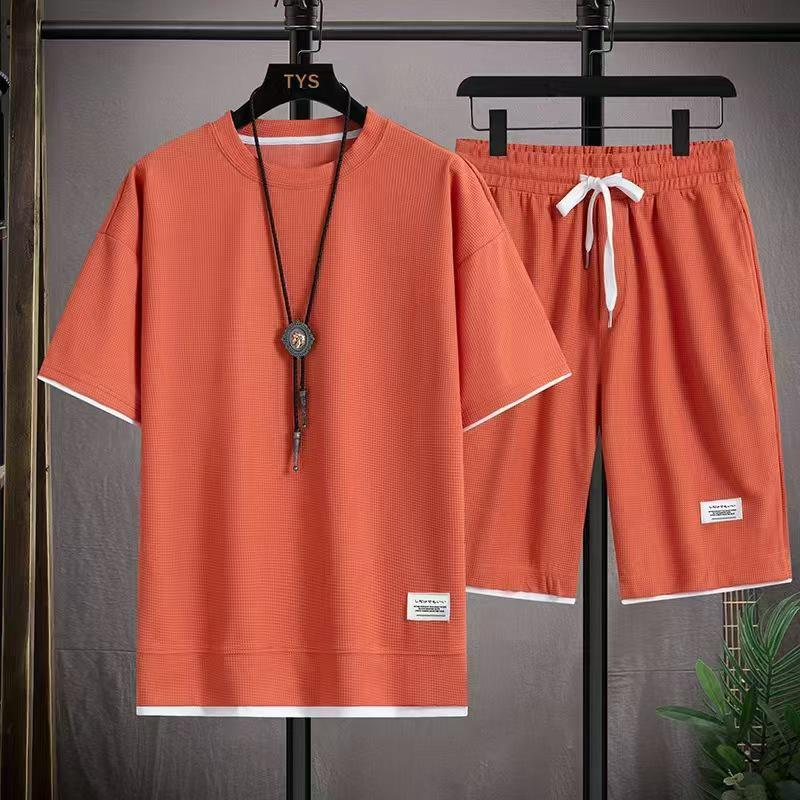 

Men s Summer Waffle Knit Short Sleeve Sportswear Set - Casual Two-Piece M помаранчевий