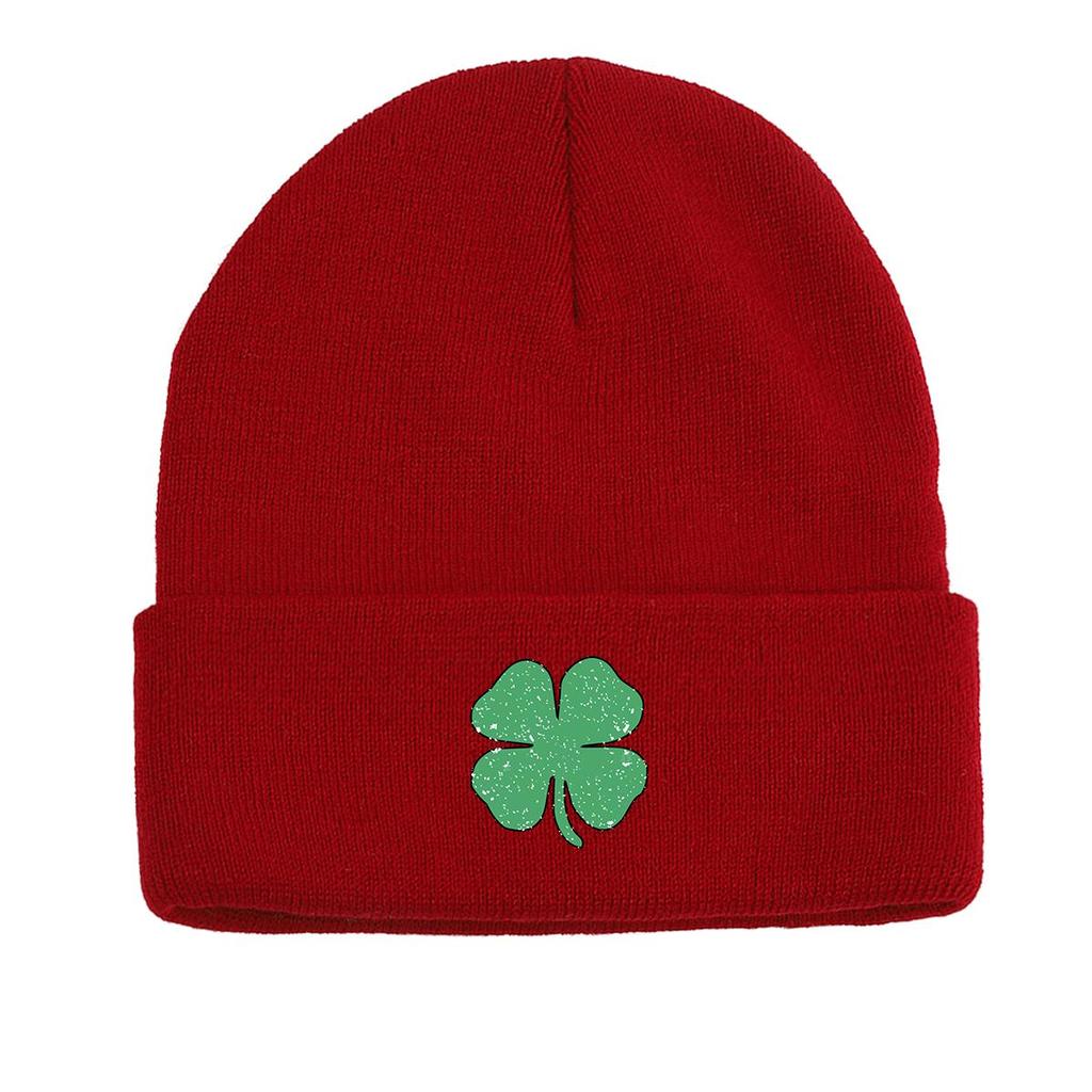 Green Four Leaf Shamrock Warm Knit Cap Beanie, St. Patrick's Day Man Cap Autumn Winter Casual Pompom Beanies Knitted Hat Beanie