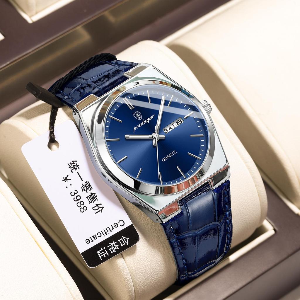 POEDAGAR Men's Ultra-Thin Dual Calendar Quartz Watch with Leather Strap - Trendy Fashion Wristwatch