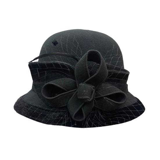 Women Winter Woolen Hat Solid Color Mesh Bowknot Decor Basin Hat Autumn Winter Outdoor Activities Travel Hat