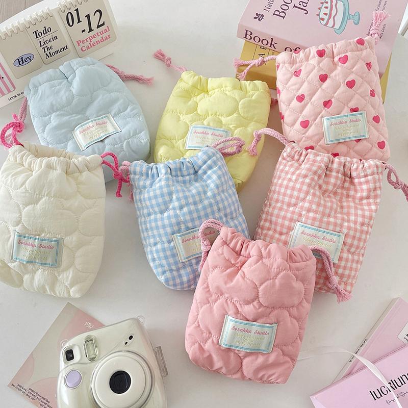 Drawstring Storage Bag For Camera Solid Color Heart Striped Organizer Candy Color Portable Travel Makeup Case