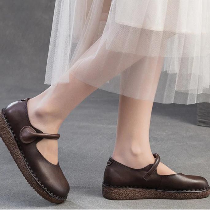 Johnature Flache Retro-Schuhe aus echtem Leder mit weicher Sohle, bequeme, leichte Pendlerschuhe für Damen