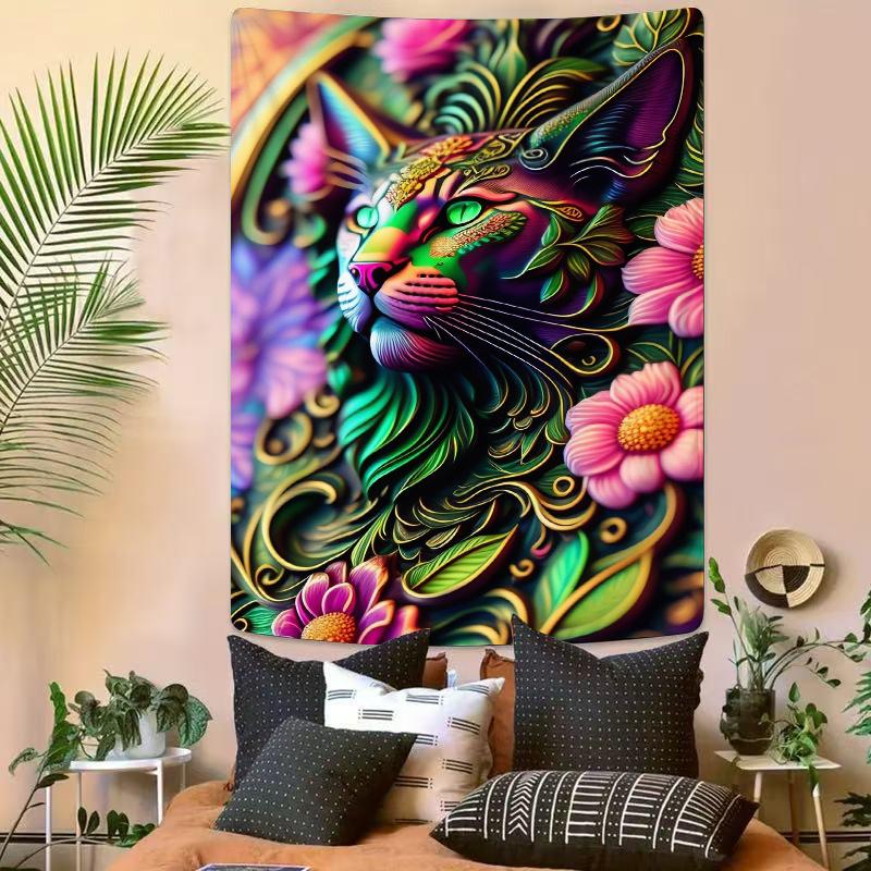 Beautiful Cat and the Blooming Flowers Digital Printing Polyester Wall Tapestry Suitable for Use Living Rooms Offices Bars Party