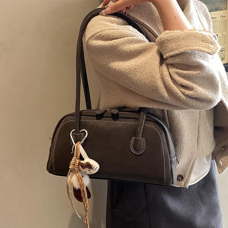 Vintage Suede Casual Bowling Shoulder Bag Women Korean Style Fashion Handle Bag Comfortable and Versatile Texture Storage Bags