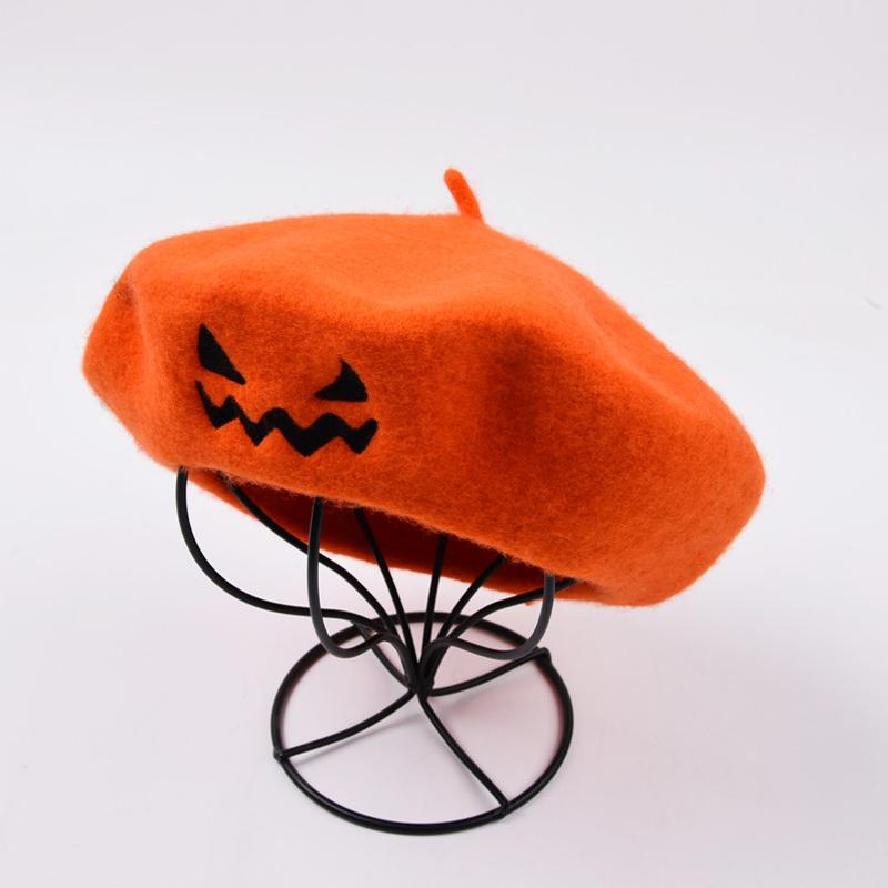 Vintage Plain Beret Cap For Women French Artist Chapeau Femme Wool Winter Hats Solid Color Halloween Embroidery Pumpkin Hat