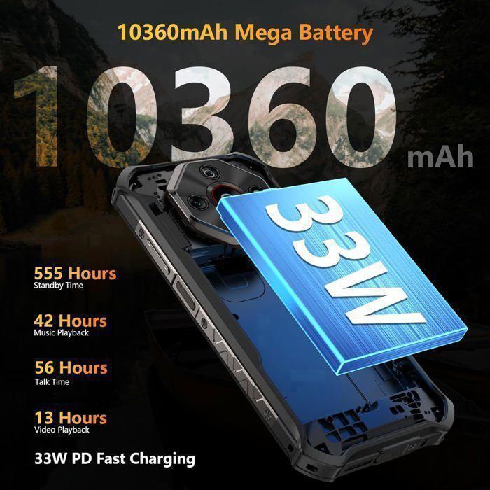 Smartphone Robuste 5G Ulefone Armor X16 12Go+128Go 6,56" 10360mAh Telephone Portable Incassable Android 15 Dural SIM/NFC/48MP Noir