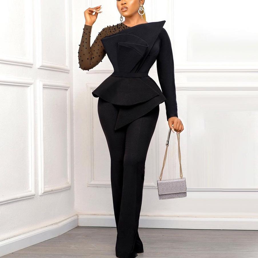 

Luxury Jumpsuits Rompers for Women High Waisted Elegant O Neck Beaded Transparent Sleeve Female Birthday Party Overalls S чорний