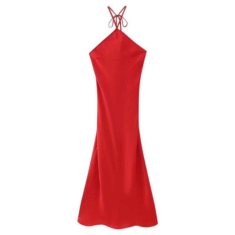 European American Women s Clothing Fashionable Backless Slim Silk Satin Hanging Neck Long Dress S