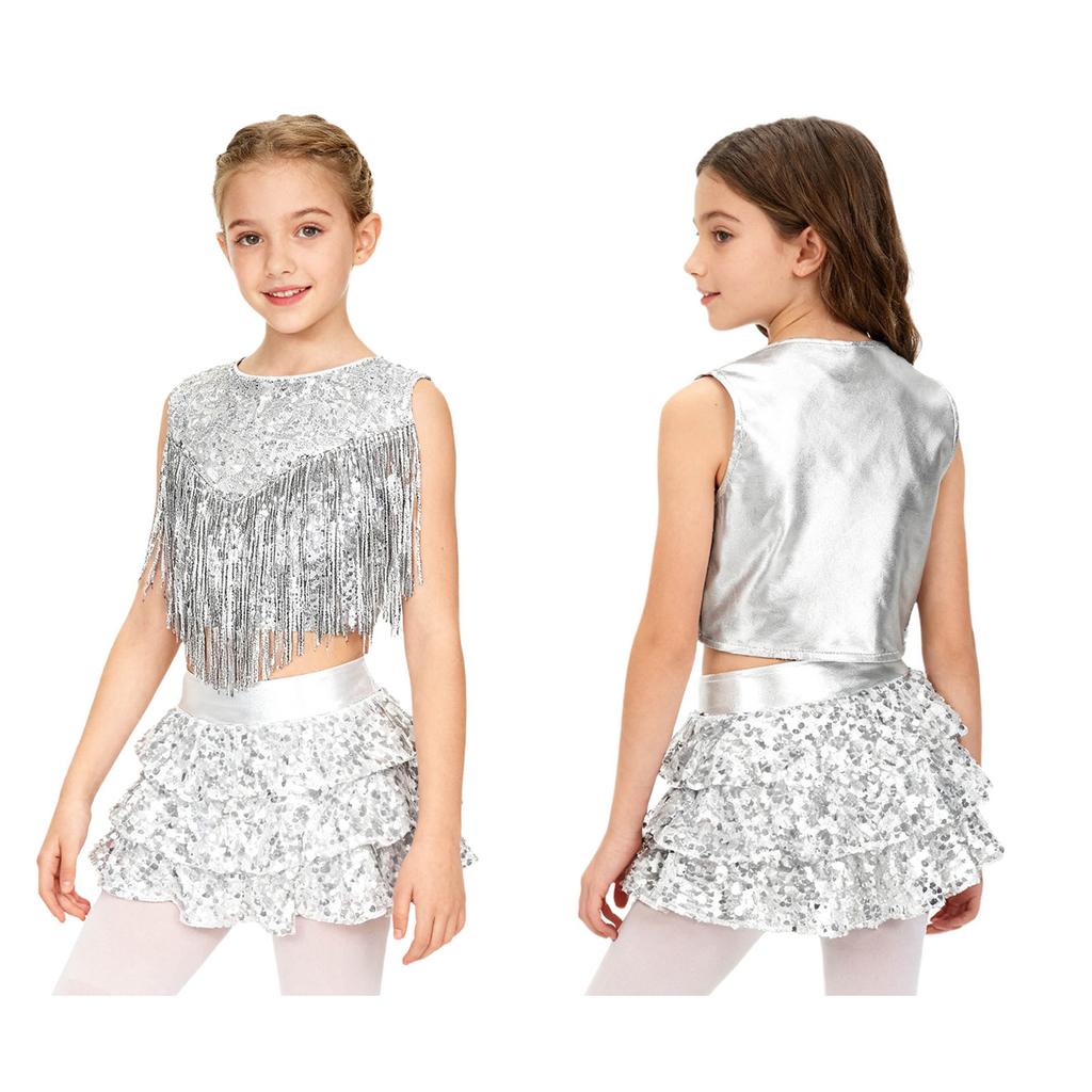 Girls 70s Disco Outfit Metallic Gloss Top Sequins Design Tassels Detail Ruffle Skirt Shorts Two Piece Set