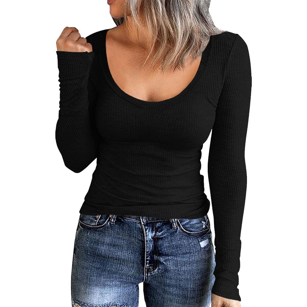 Women's Autumn And Winter Slim Bottom T-shirt Fashion Casual Solid Color U Neck Pullover Long Sleeve Top