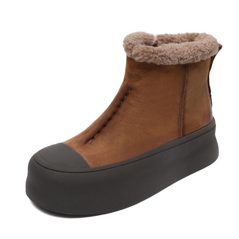 Johnature Retro Plush Warm Women's Boots Genuine Leather Thick Soled Casual Versatile Short Boots