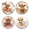 Scratch Resistant Desktop Pads Highland Cow Cork Coasters, Cute Floral Farmhouse Drink Mats with Decorative Home Kitchen Accessories Non-Slip