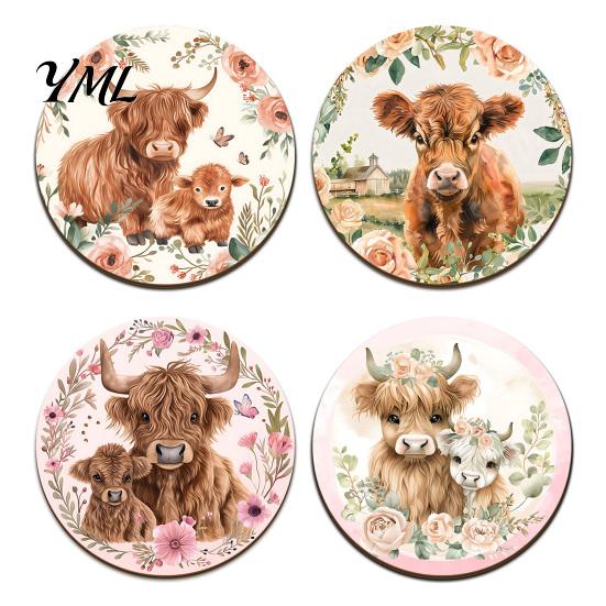 Scratch Resistant Desktop Pads Highland Cow Cork Coasters, Cute Floral Farmhouse Drink Mats with Decorative Home Kitchen Accessories Non-Slip
