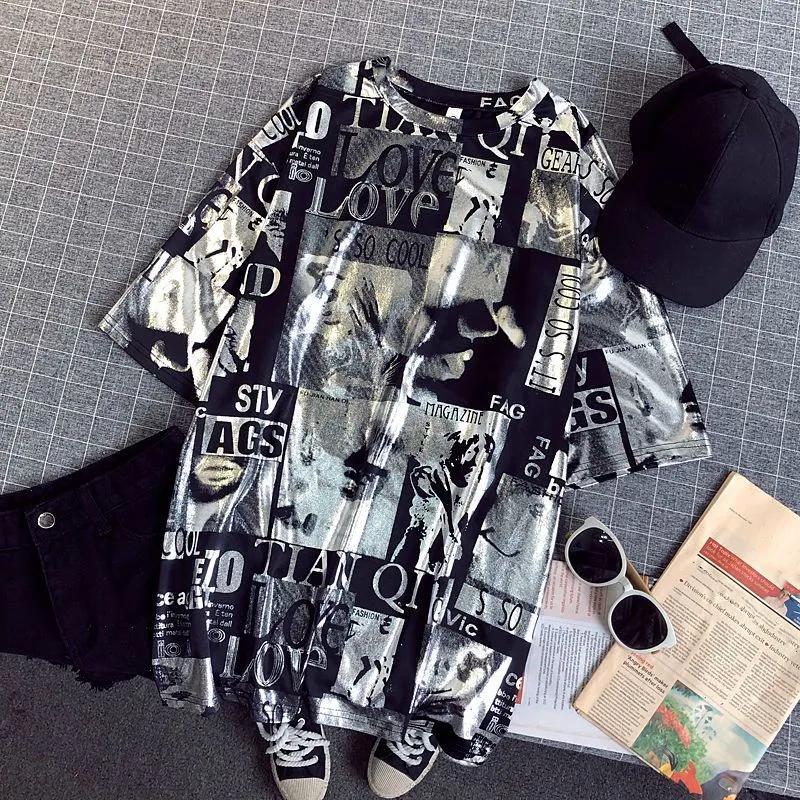 Women Summer Round Neck Short Sleeve T-shirt Loose Hip-hop Harajuku Style Thin Top