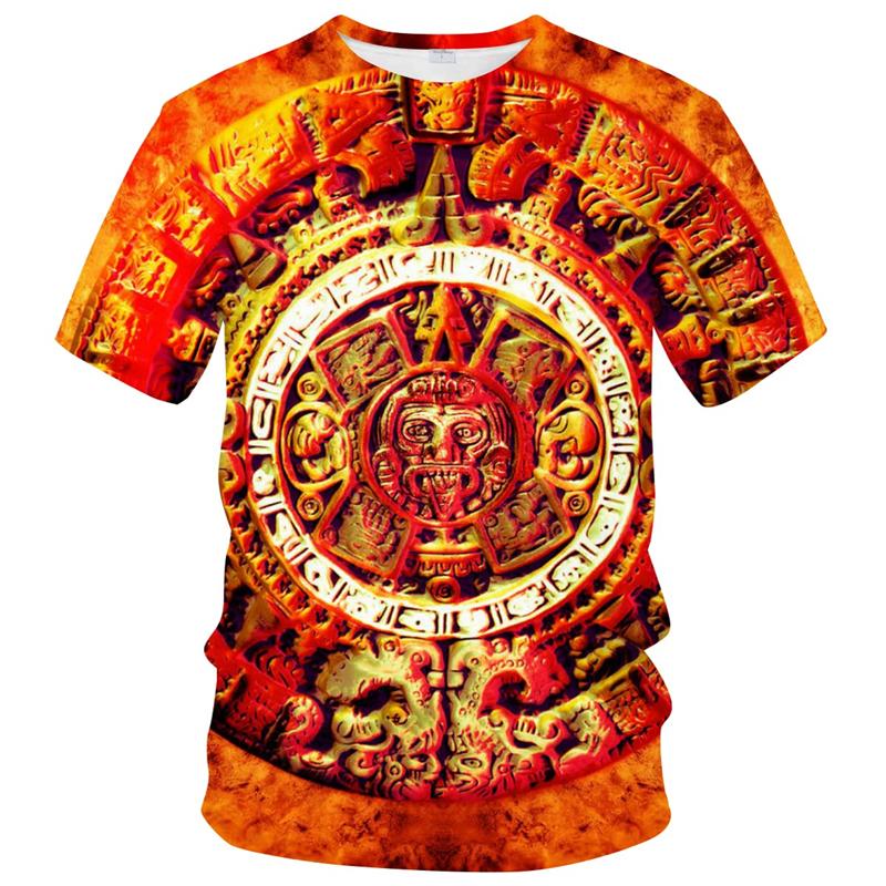 Aztec Calendar Totem Colorful Tribal Mandala 3D All Over Print Short Sleeve T-Shirt Casual Top