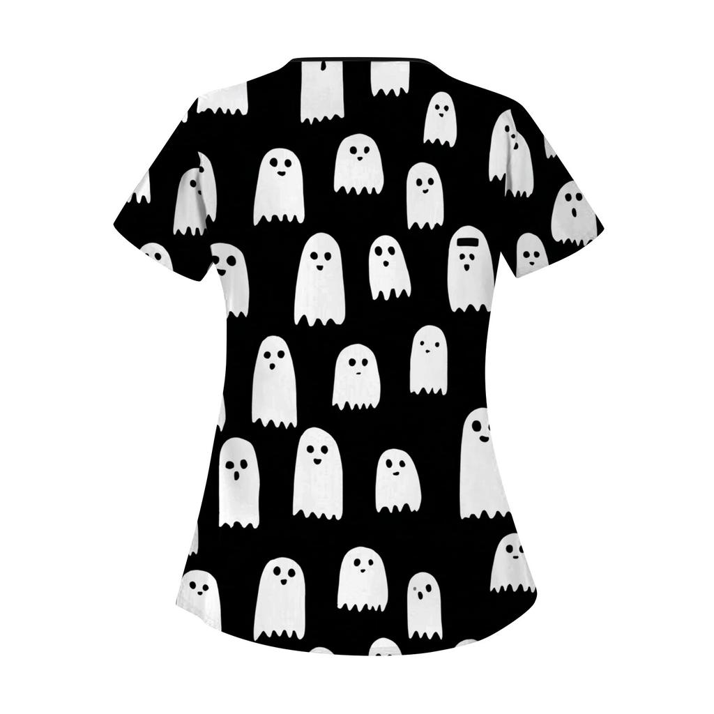 Dámské potištěné pracovní oblečení, šikmý límec a dvojité kapsy, základní top pulovr