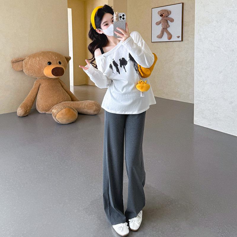 2026 Spring Korean Off-Shoulder Maternity T-Shirt & Pants Set M