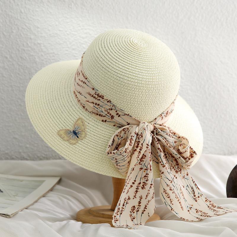 

Шляпа от солнца с бантом и стримером, соломенные шляпы с широкими полями, летние пляжные шляпы с защитой от ультрафиолета, подходящие для отдыха на море 54-59CM
