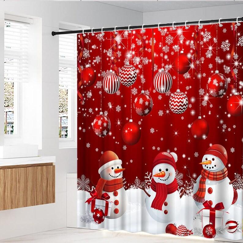 Snowman Red Ornaments Christmas Shower Curtain With Hooks, Merry Holiday Bathroom Decor For Festive Winter Celebration