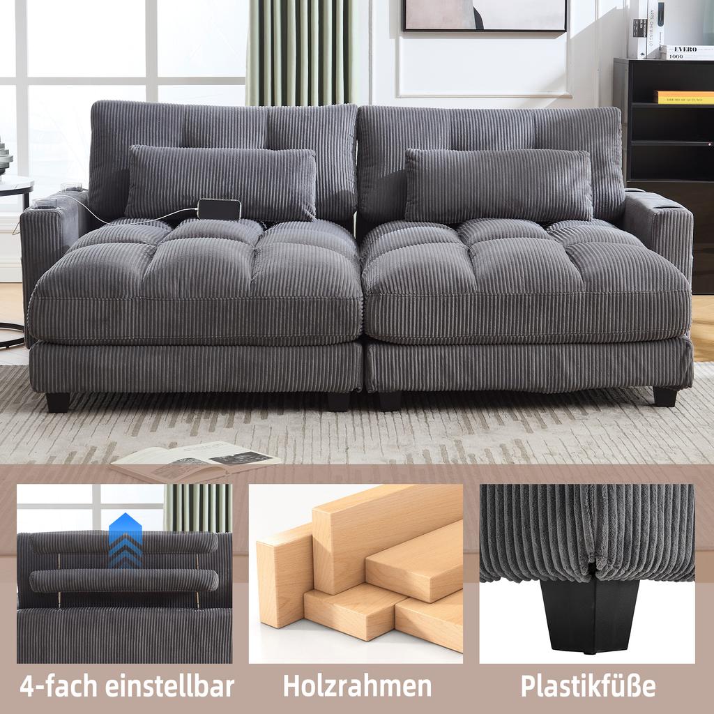 Graues Kord-Sofa 2-Sitzer, teilbar in 2 Sitze, 2 Kissen, 4 Getränkehalter, 4 Taschen, USB-Anschlüsse an den Armlehnen, für Wohnzimmer, Schlafzimmer und Arbeitszimmer
