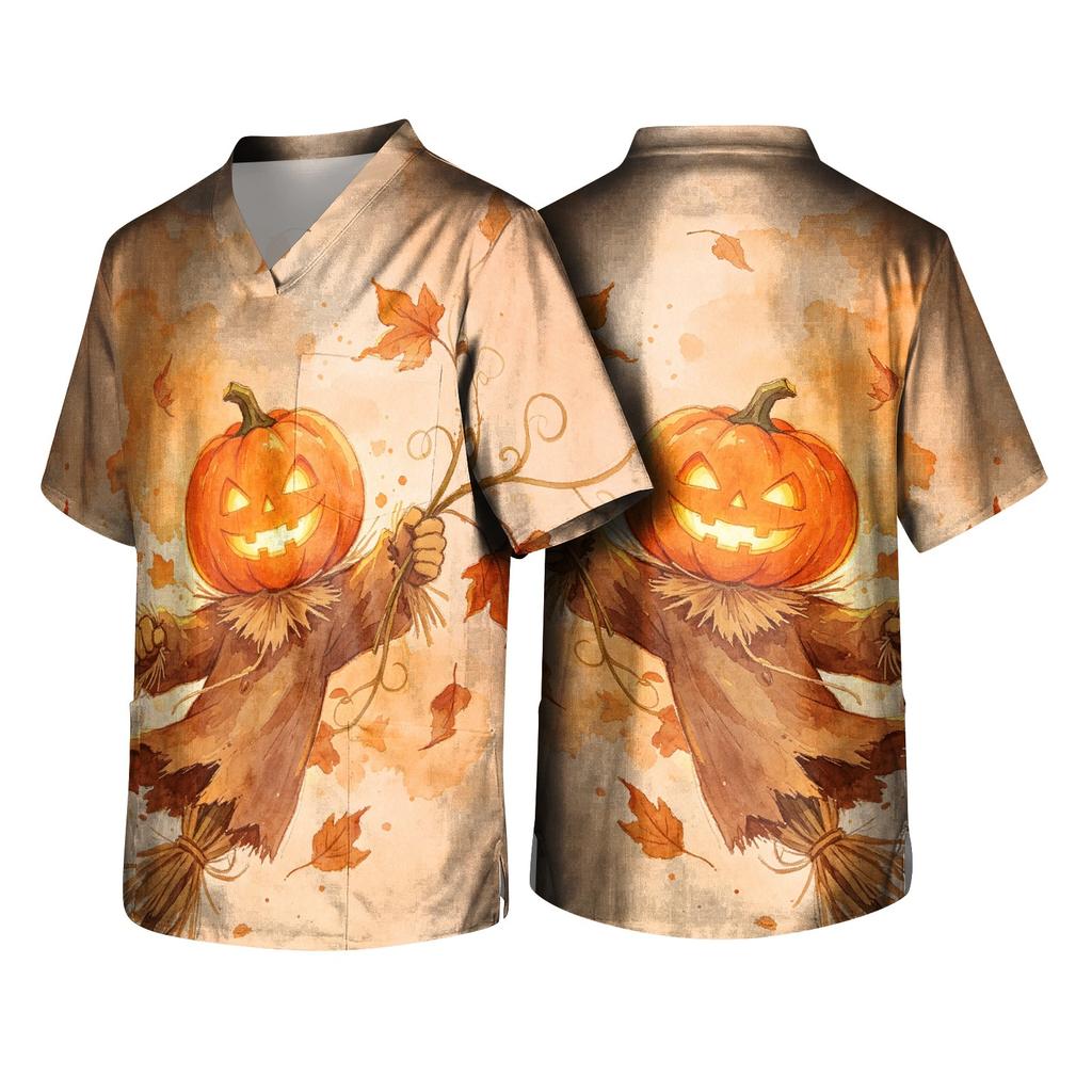 Men's Halloween Print V-Neck Short Sleeve Pocket Scrub Top for Caregiver Uniform
